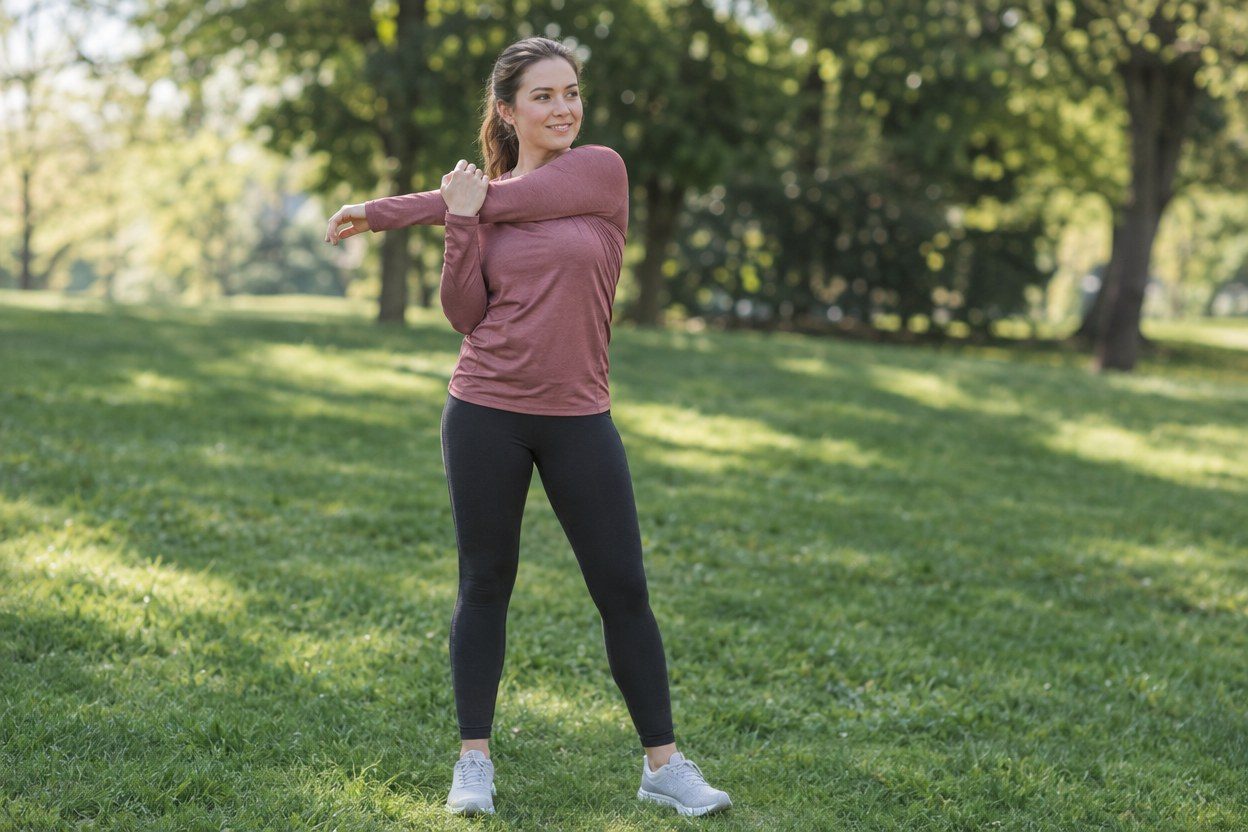 A smiling woman in a rose long-sleeve top and black leggings does a cross-body arm stretch on sunny park grass.