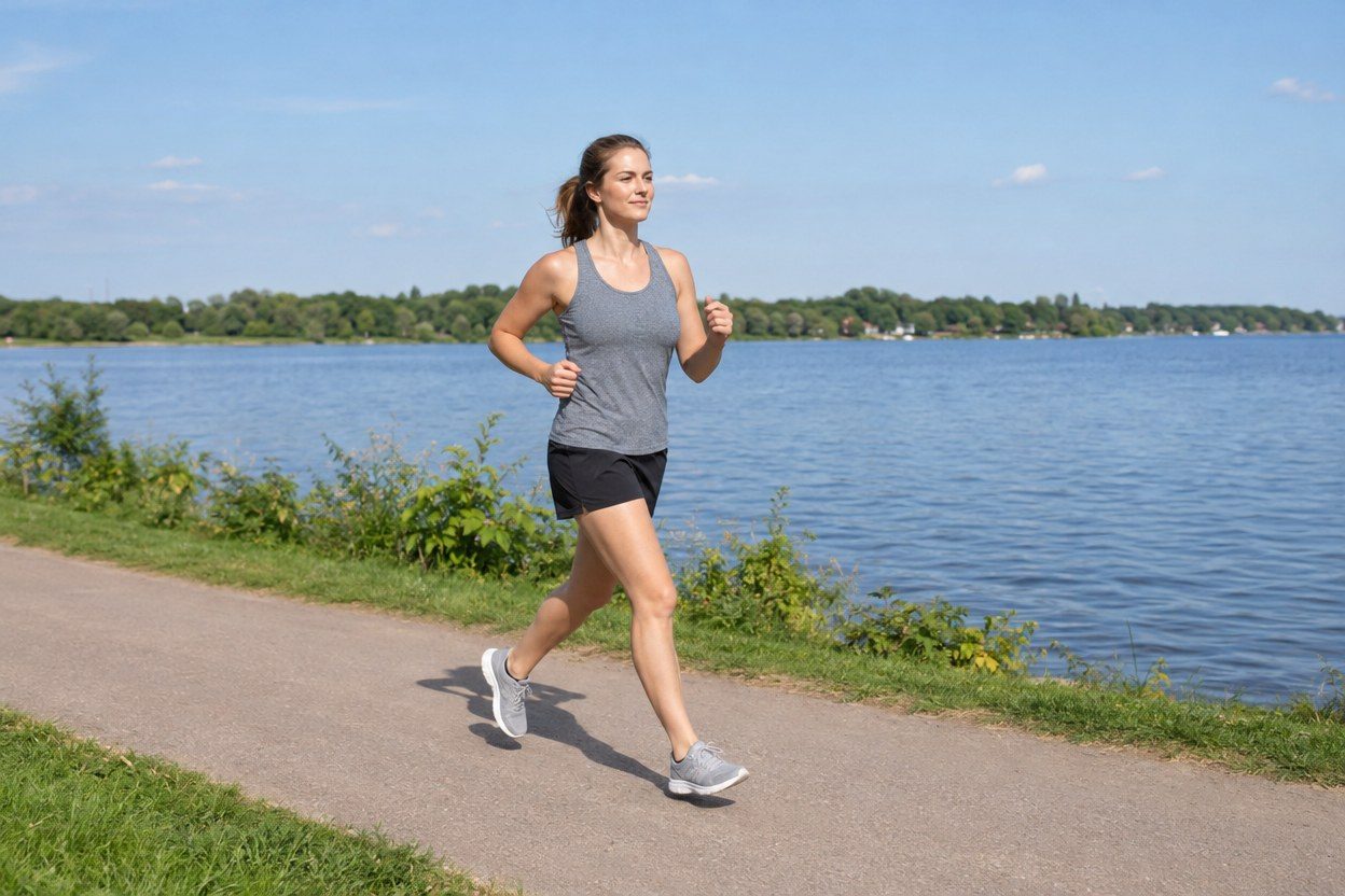 A woman in a gray tank top and black shorts runs along a paved lakeside path under a clear blue sky.