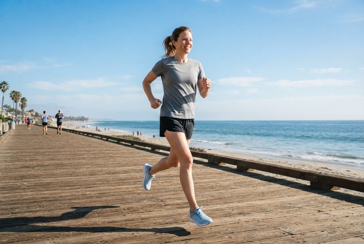 A bright seaside boardwalk in warm afternoon sun, a few runners small in the distance, clean and cheerful