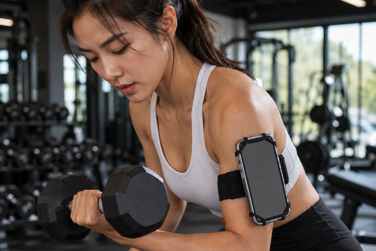 A woman in a white sports bra and black leggings does a seated dumbbell curl in a gym, with a phone in a black holder on her upper arm.