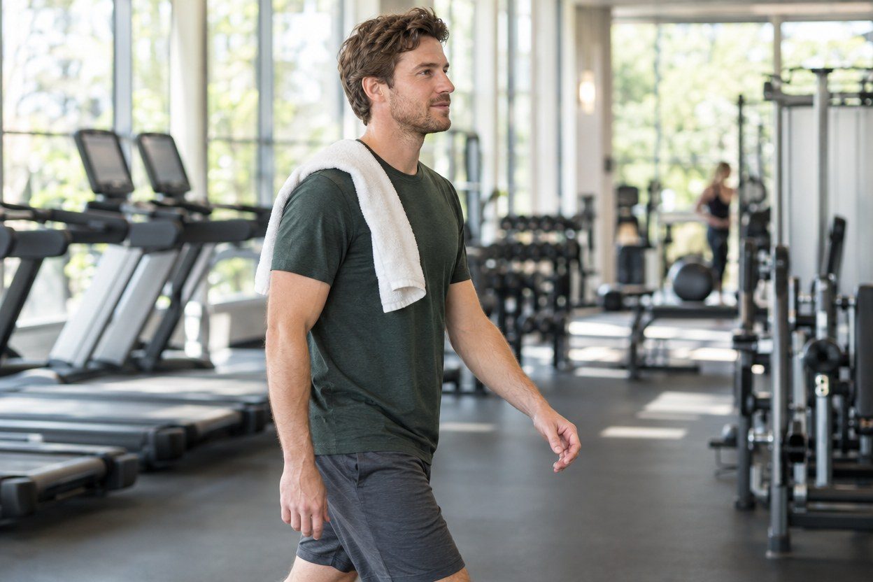 A man in a dark green T-shirt and gray shorts with a white towel over his shoulder walks past treadmills in a bright gym.