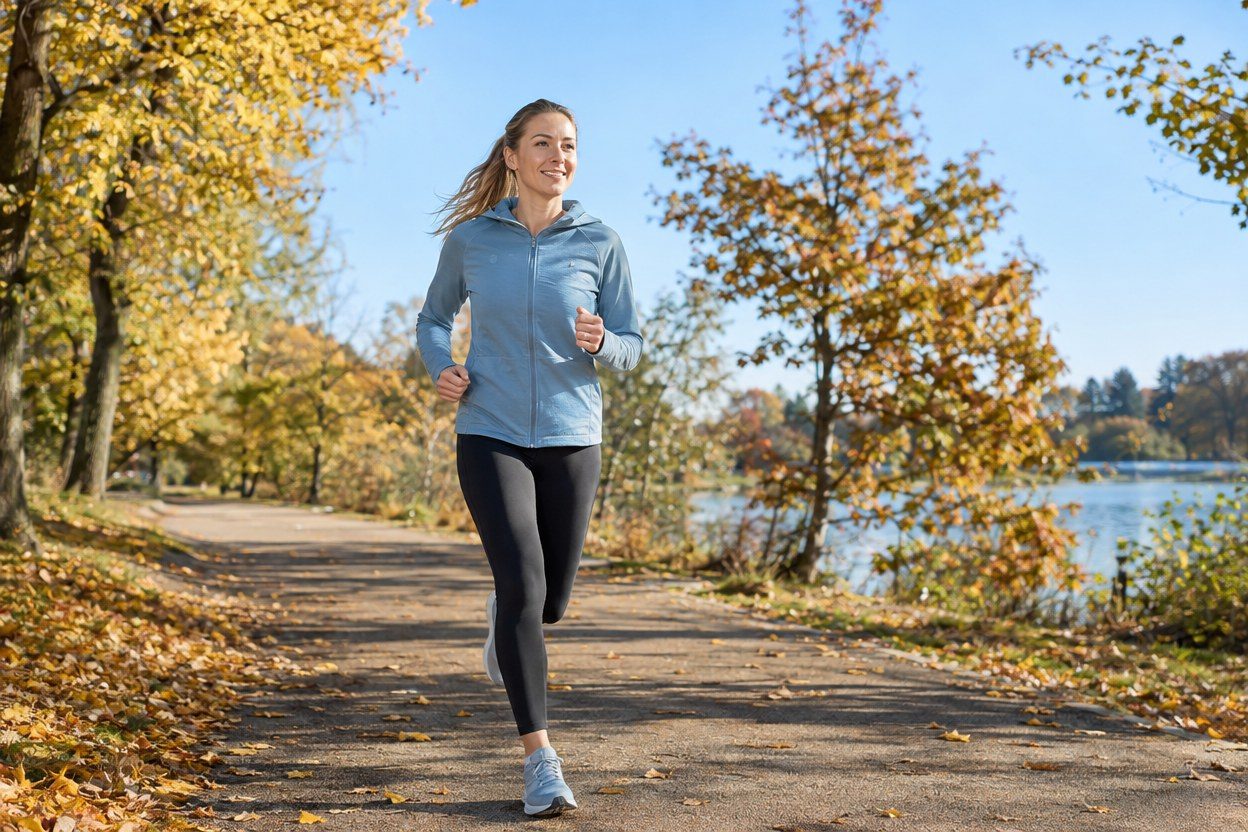 A smiling woman in a light blue hooded top and black leggings jogs on a leaf-covered lakeside path under a clear blue autumn sky.