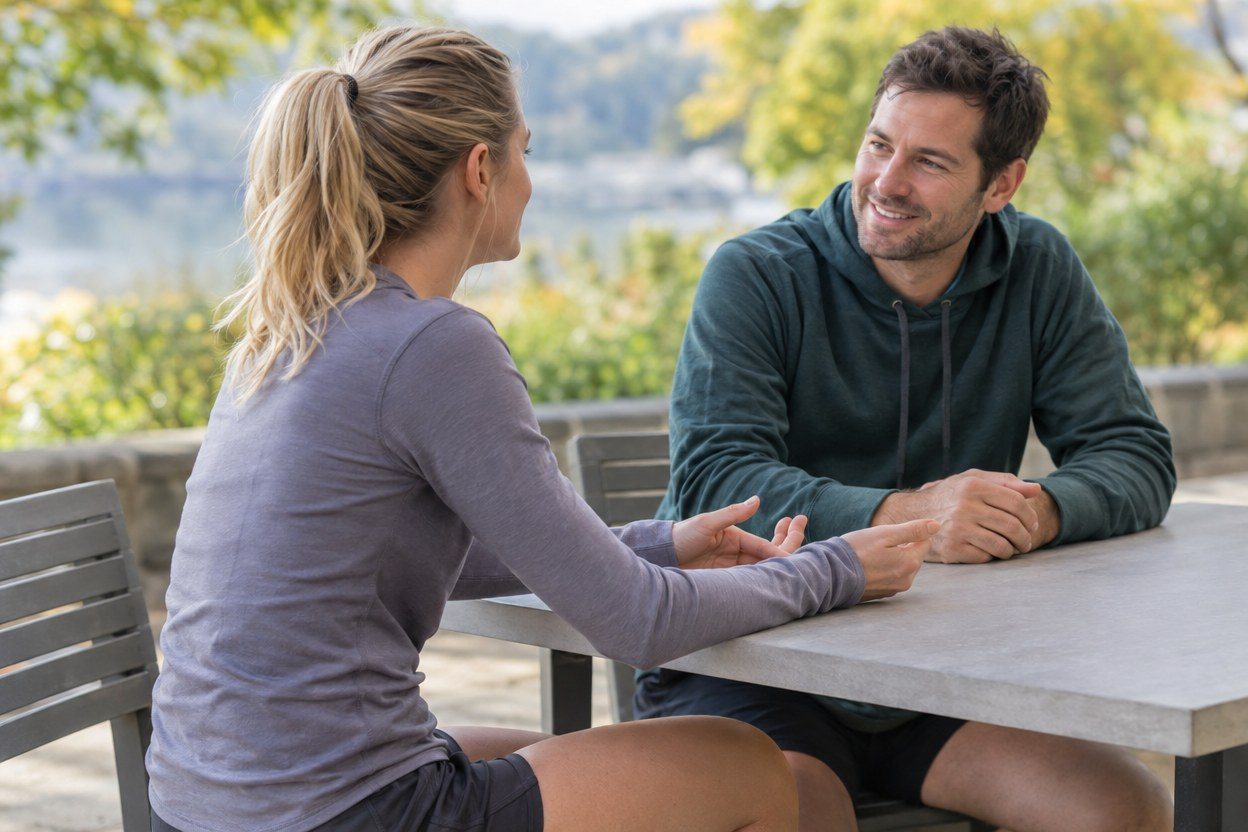 A woman in a lavender long-sleeve top talks with a smiling man in a dark teal hoodie at an outdoor table