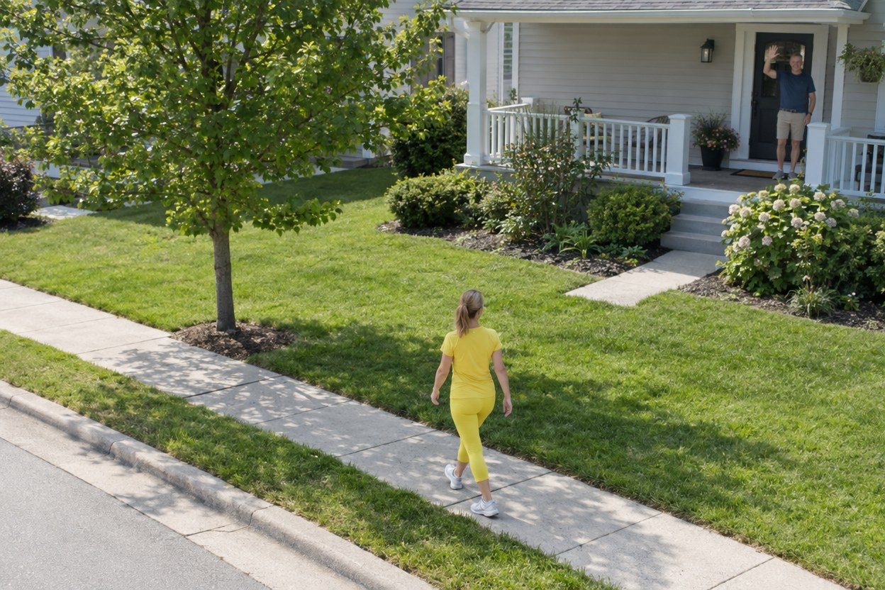 A woman in yellow activewear walks along a neighborhood sidewalk while a man in a navy shirt waves from a porch