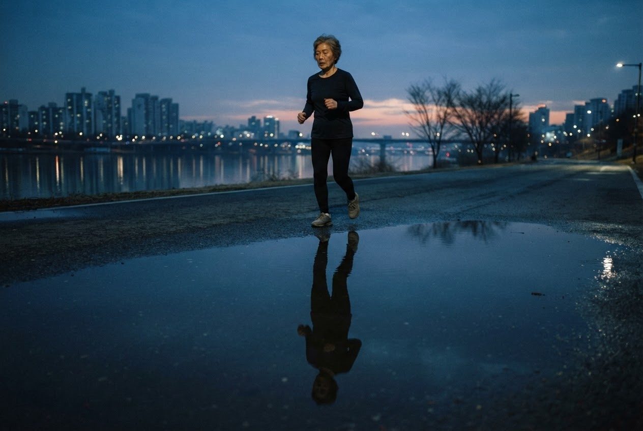 A white woman in her sixties, an ordinary beginner runner, moves steadily through the weather while the running surface dominates the frame on a wide riverside path in a Korean cit