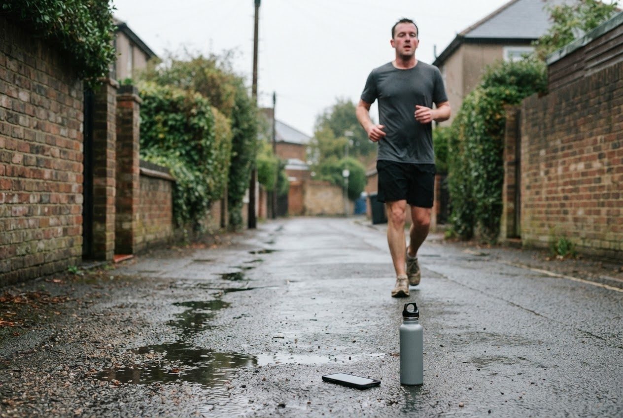 A dark-screen smartphone and water bottle rest in cool shade while a white man in his thirties, an ordinary beginner runner, finishes an easy run in the background on a narrow resi