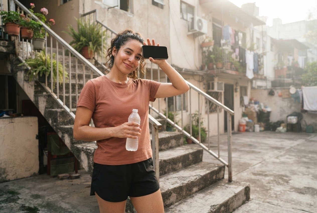 A Latina woman in her twenties, an ordinary beginner runner, shades a dark-screen smartphone from direct summer sun during a water break beside the concrete stairs of an apartment 