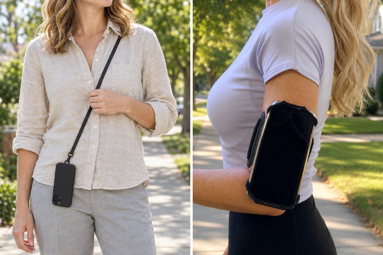 Side by side: a woman in a beige linen shirt with a black phone hanging at her hip from a crossbody strap, and a woman in a lavender tee wearing a phone armband.
