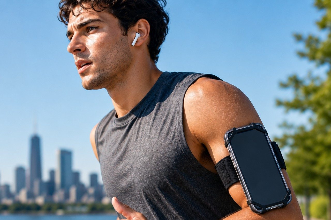 A man in a gray sleeveless top runs along a sunny waterfront path with a city skyline behind him and a phone in a black armband on his upper arm.