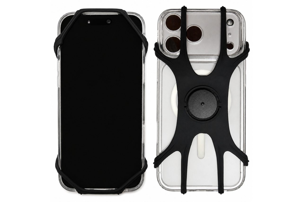 Front and back of a phone in a clear case held at its corners by a black open silicone holder with a round mount on the back, on a white background.