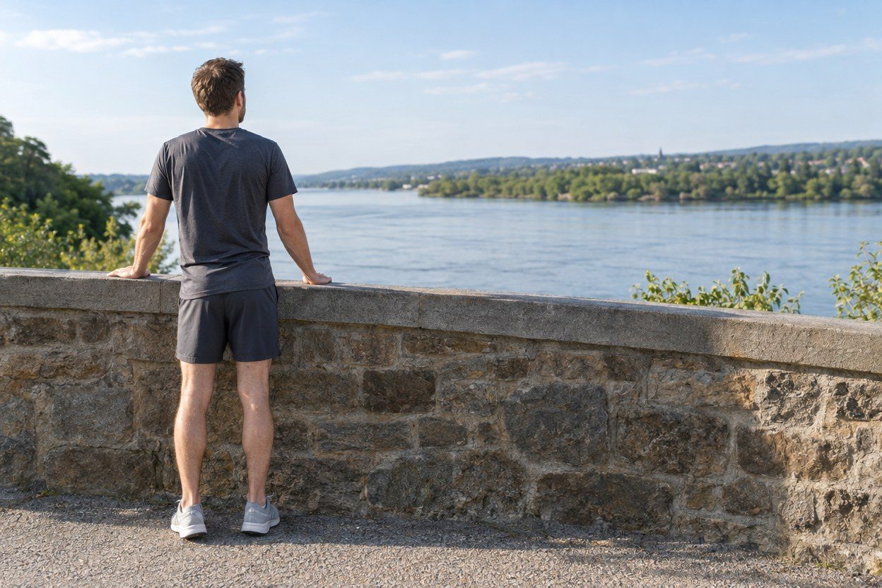 A man in a dark-gray shirt and shorts stands with his back to the camera and his hands on a stone wall overlooking the water