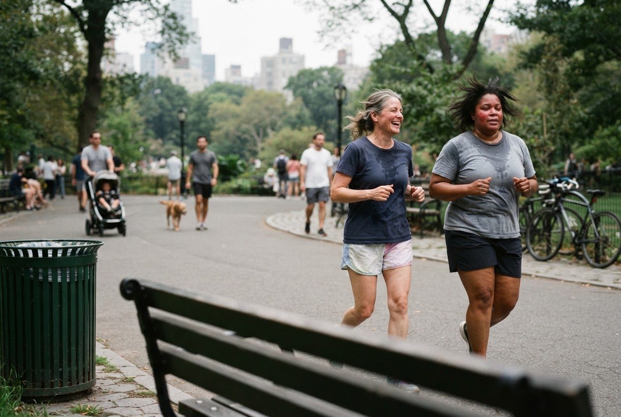 Two friends in their 40s jog slowly side by side on a city park path, chatting and laughing