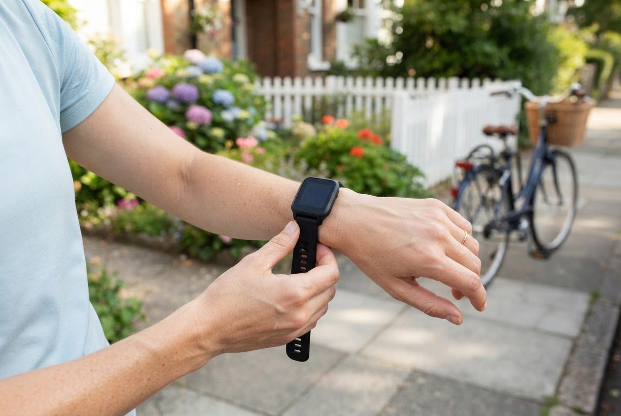 A woman loosens the strap of a plain black sports watch on her wrist on a sunny neighborhood sidewalk after an easy run
