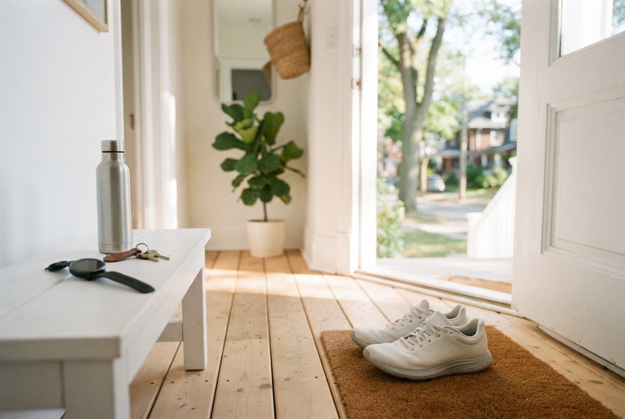 Plain white running shoes on a doormat by an open front door on a bright sunny morning, with a running watch, house keys and a water bottle left on a white bench