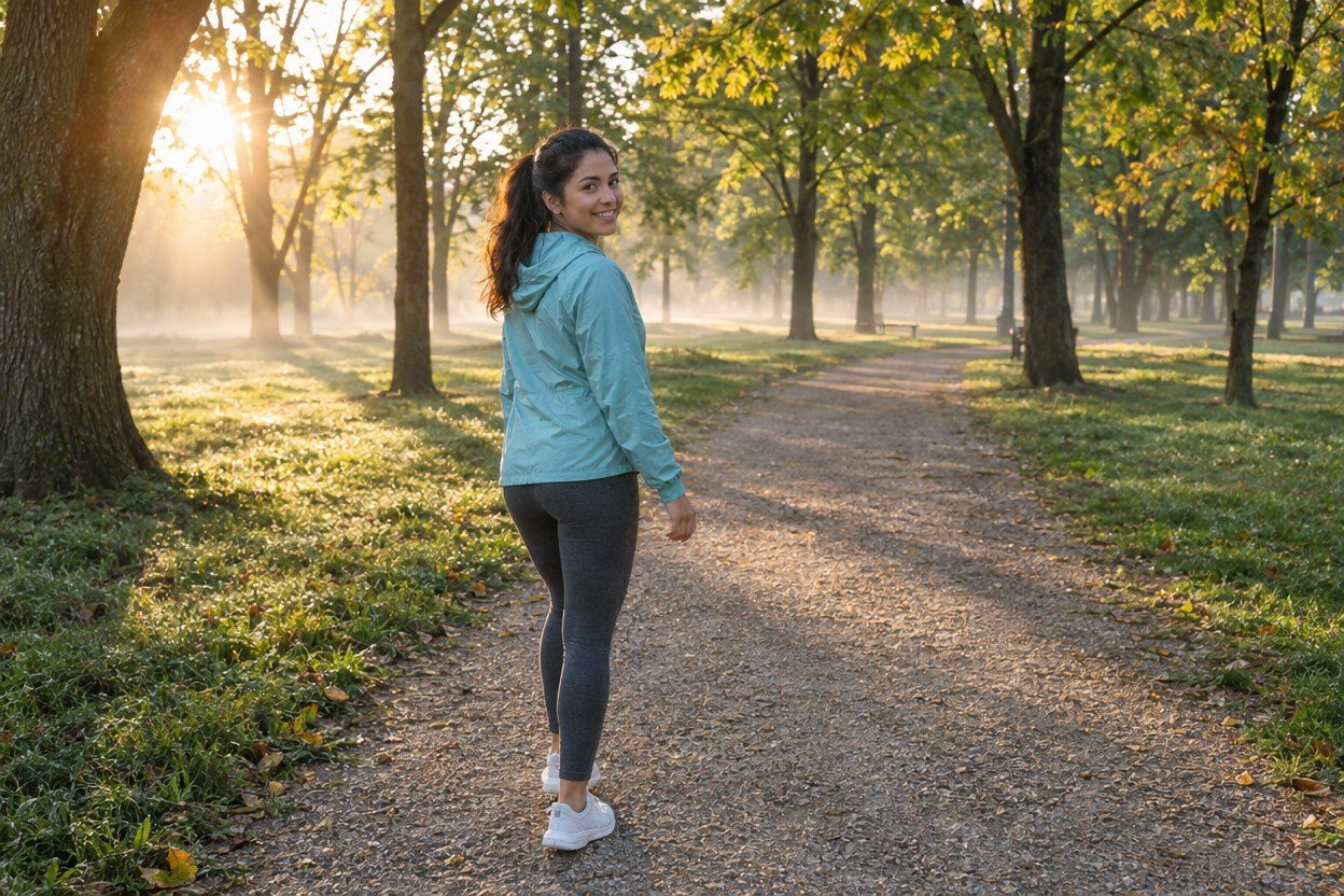 A person in a teal jacket on a sunny park path.