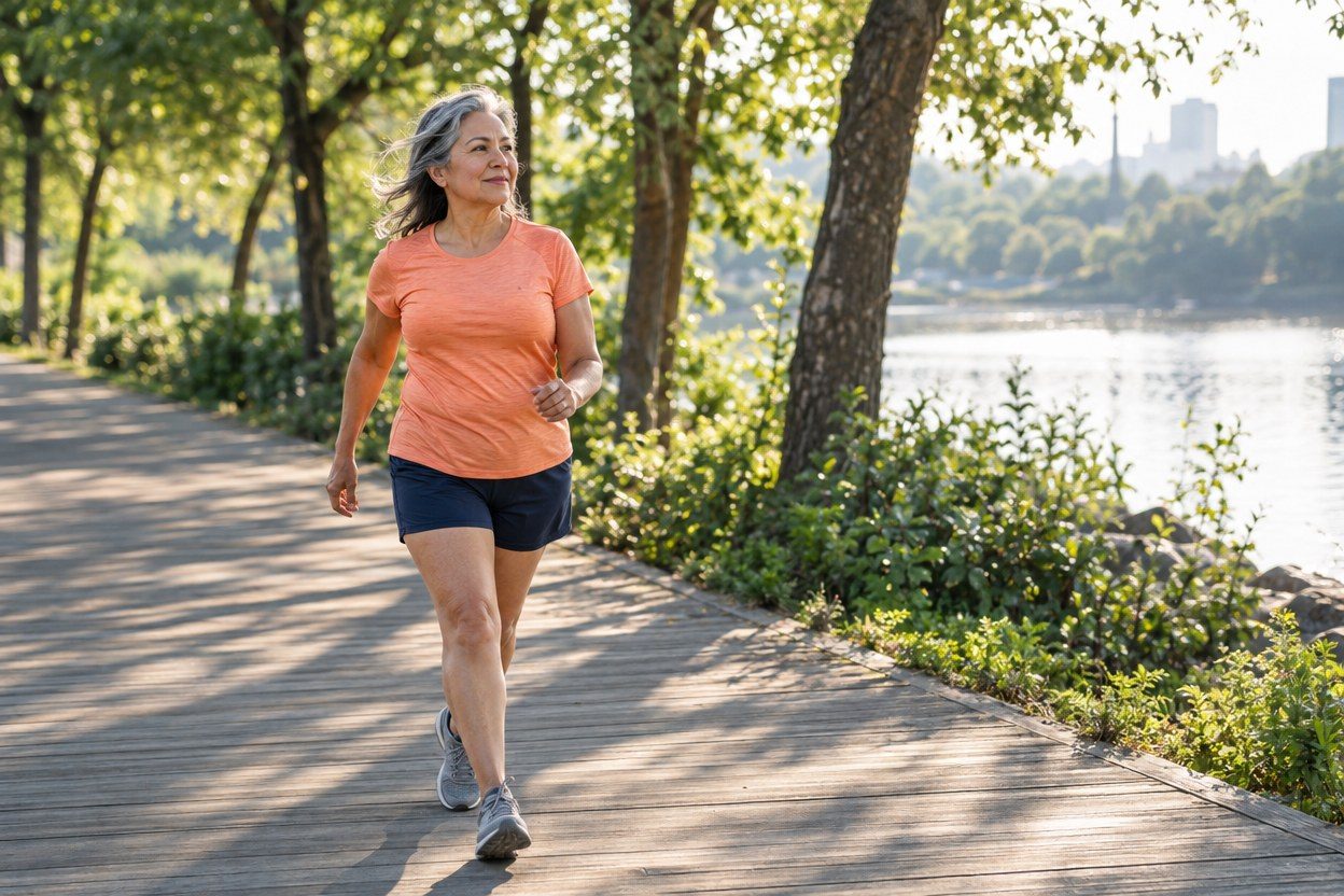 A person in an orange top walking beside a lake.
