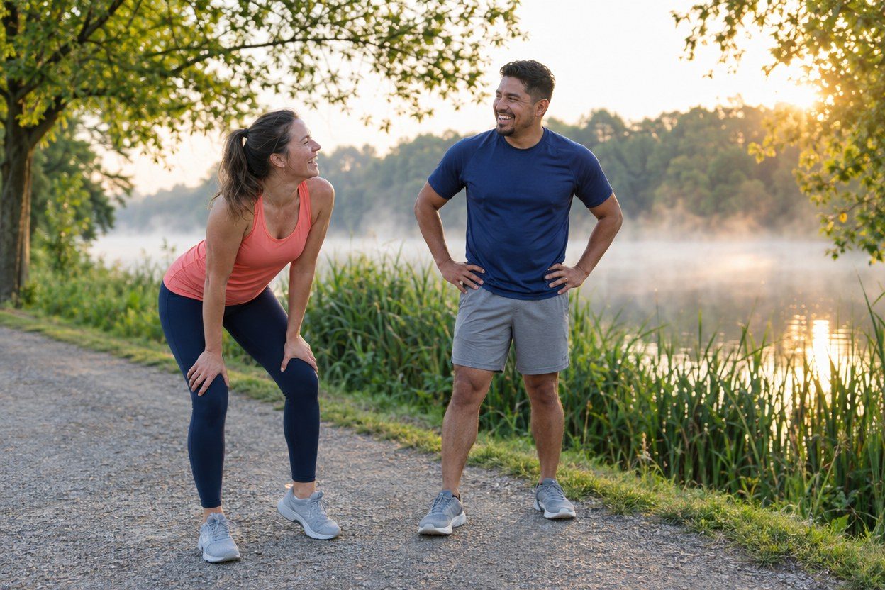 Two runners in coral and navy tops smiling during a lakeside break.