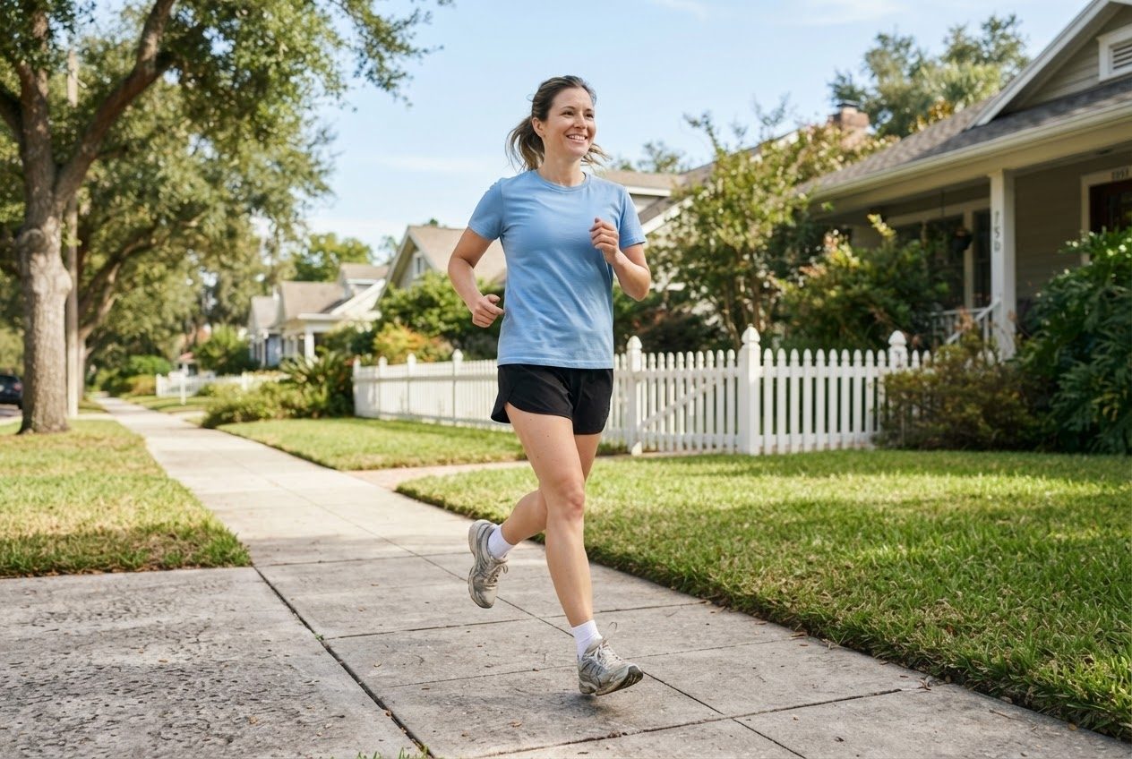Close view of a runner mid-stride pushing a loose sleeve back up their upper arm with the opposite hand, small moment of readjustment