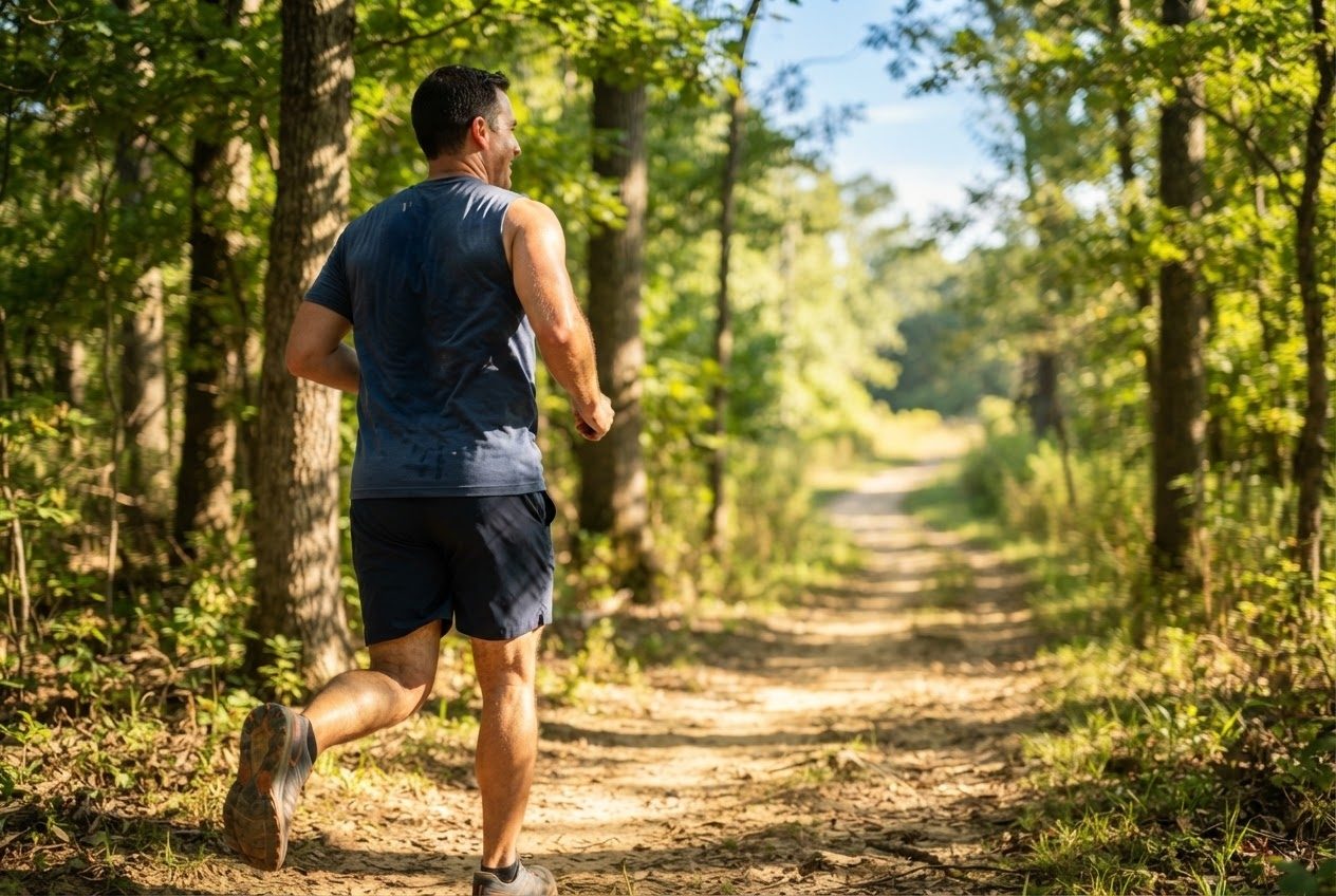 A bare upper arm and shoulder of a runner mid-stride in bright sunlight, nothing worn on the arm