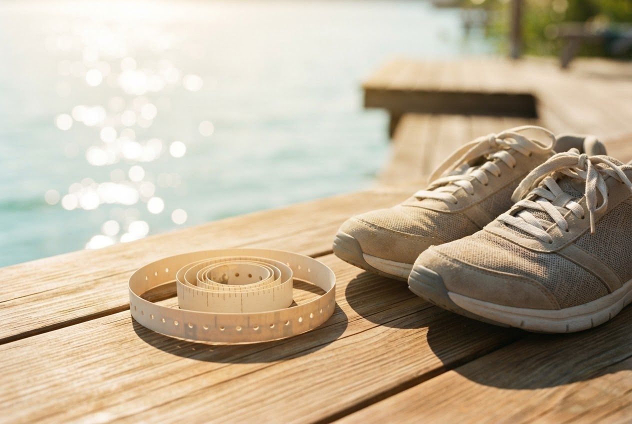 A soft flexible fabric sewing tape measure with clear printed inch numbers, loosely curled on a sunlit wooden table beside running shoes — the kind used to measure a body, not a ri