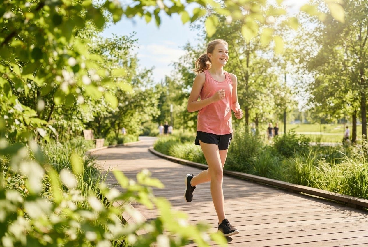 A bare upper arm and shoulder of a runner mid-stride in bright sunlight, nothing worn on the arm