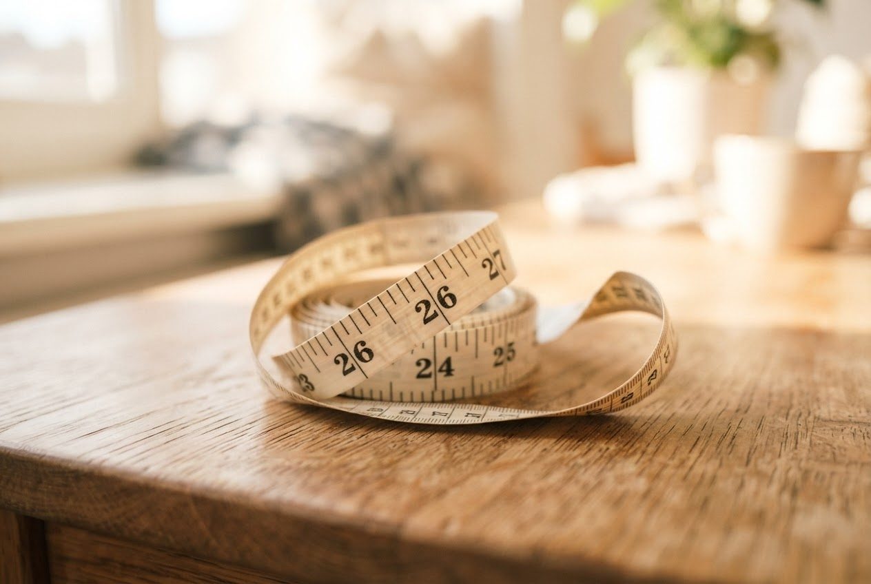 A soft flexible fabric sewing tape measure with clear printed inch numbers, loosely curled on a sunlit wooden table
