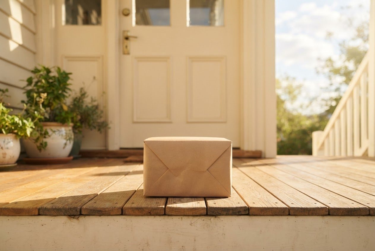 A small plain parcel resting on a sunny doorstep, no labels visible