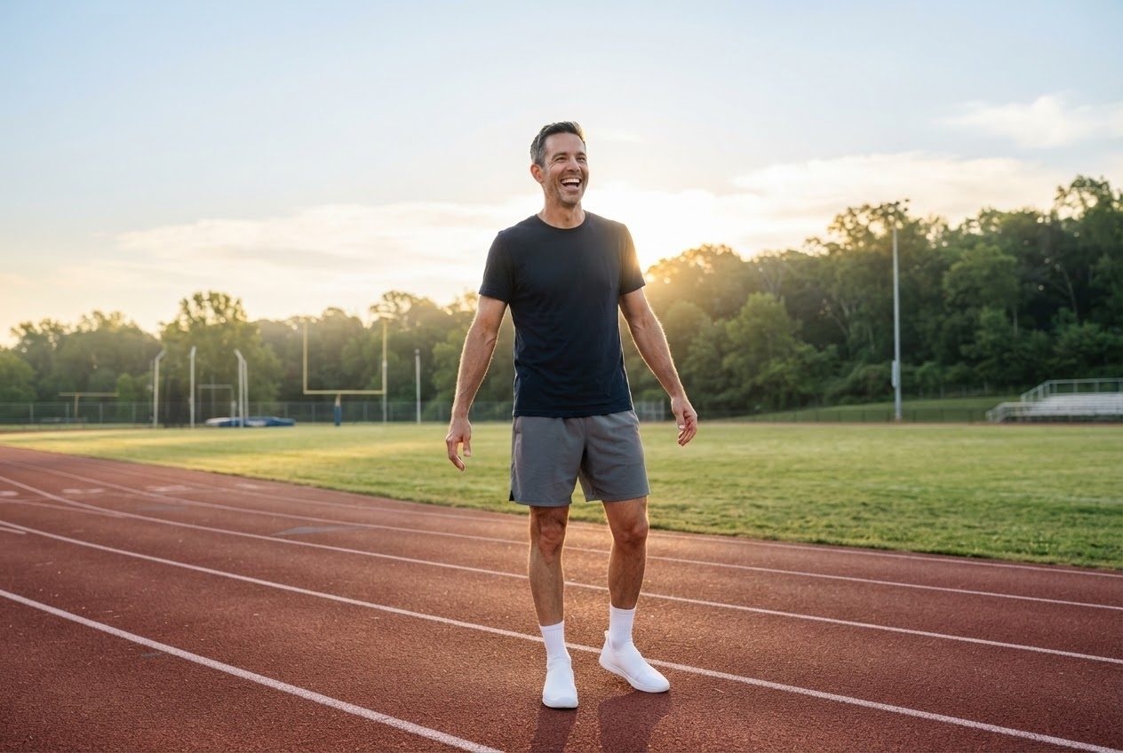 A runner shaking out both arms happily at the end of a run in a green sunlit park