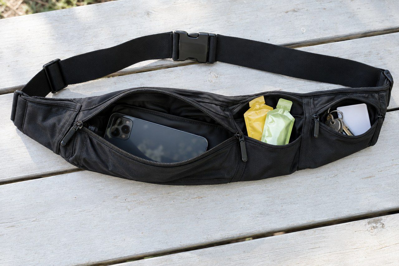 An open zippered black running belt with a phone, energy gels, keys and a card inside its compartments.