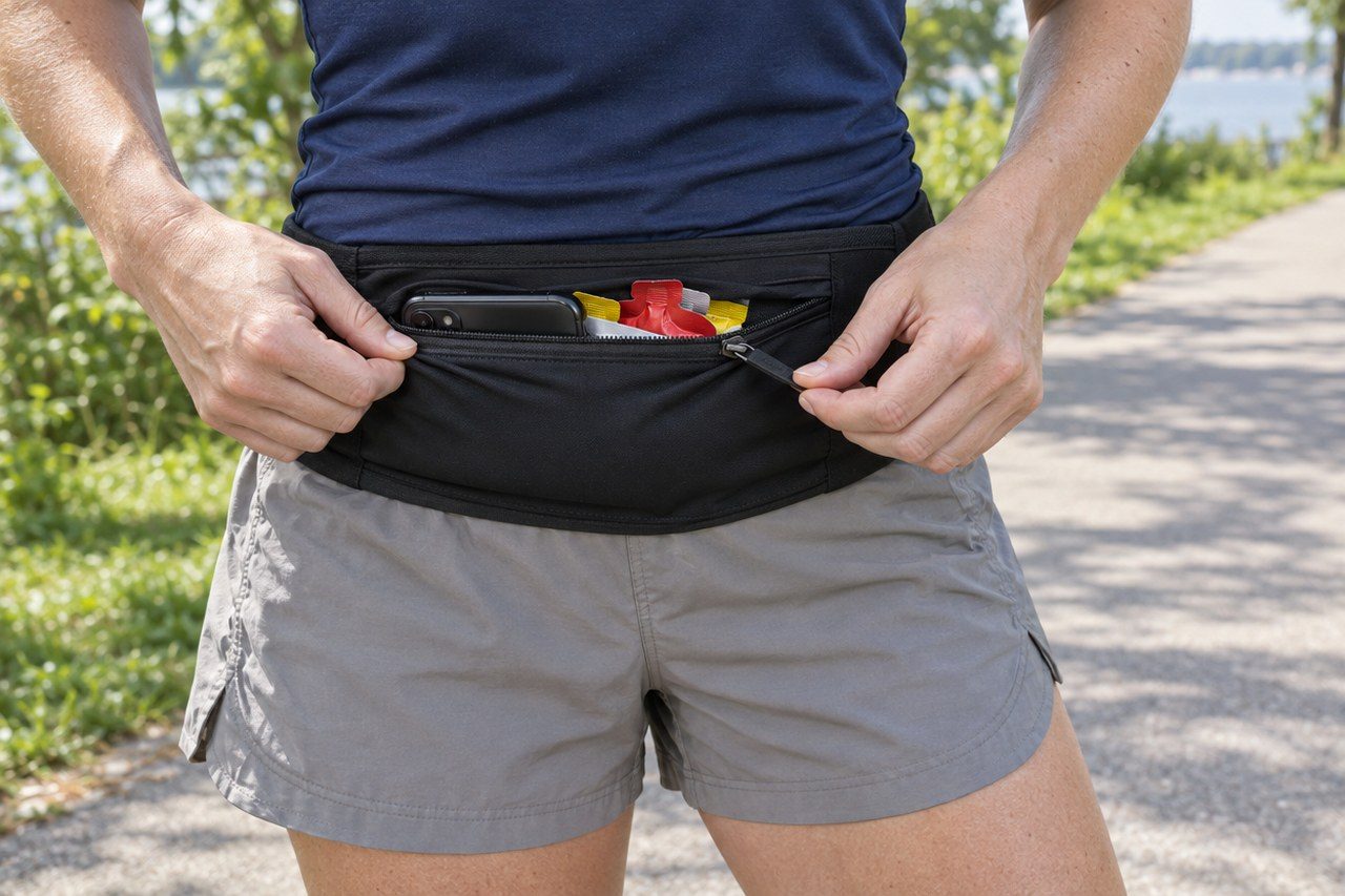 A stopped runner holds a filled waist-belt pocket taut with one hand and pulls its zipper with the other; a phone and gels remain inside.