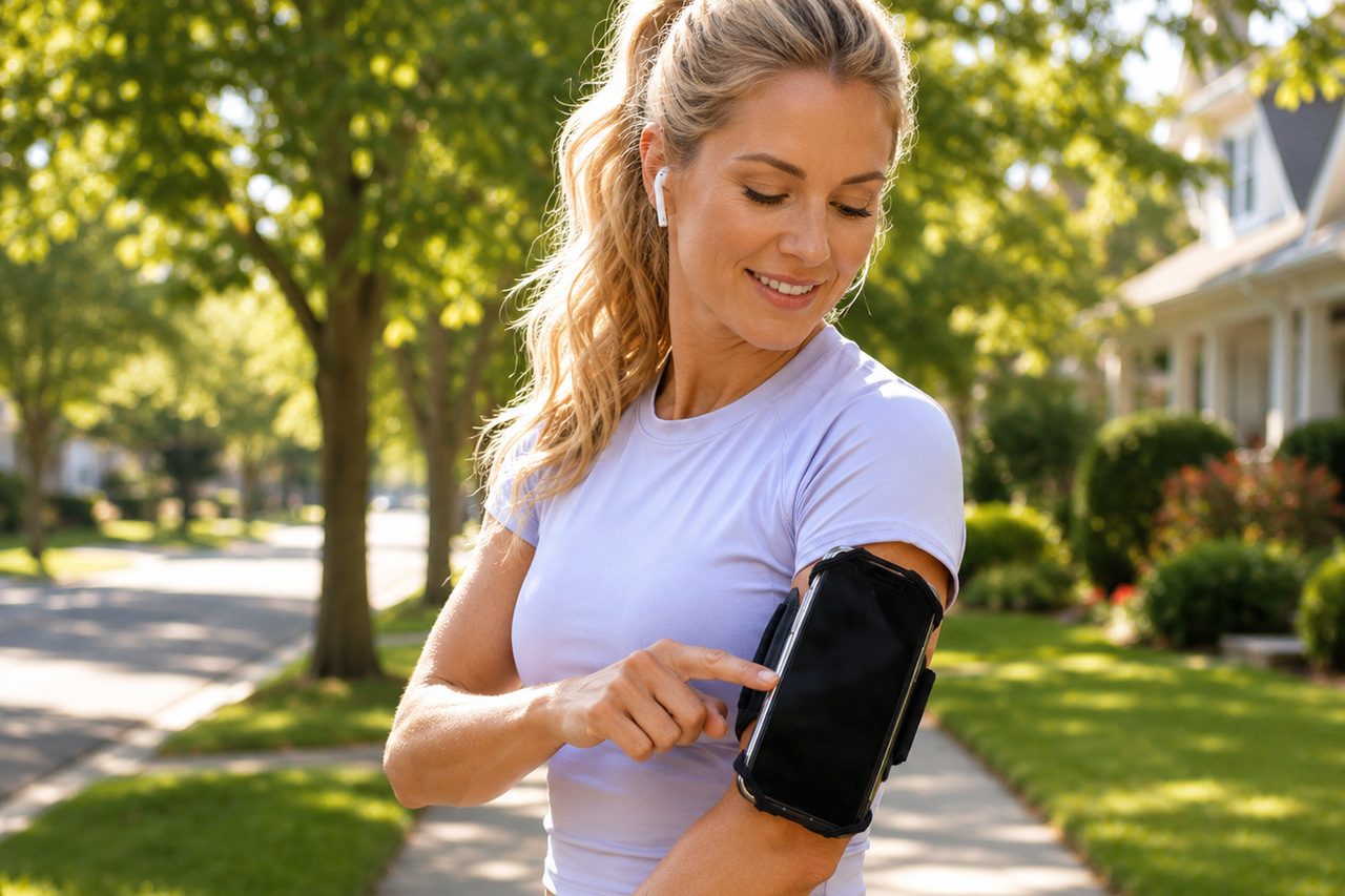 A woman in a lavender shirt stands outdoors and touches a phone held in a black open armband on her upper arm.