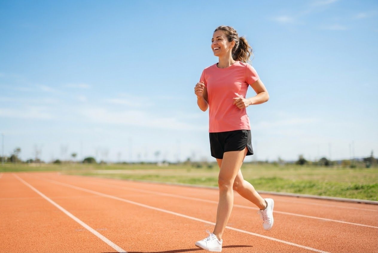Clean side profile of a woman running upright with relaxed arms on an empty running track, uncluttered background, even morning light