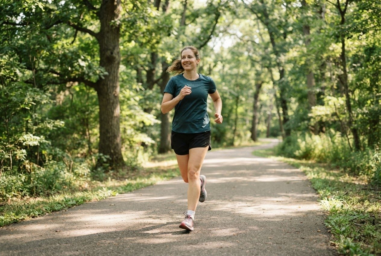 Close view of a runner's calf and ankle mid-stride in warm sunlight