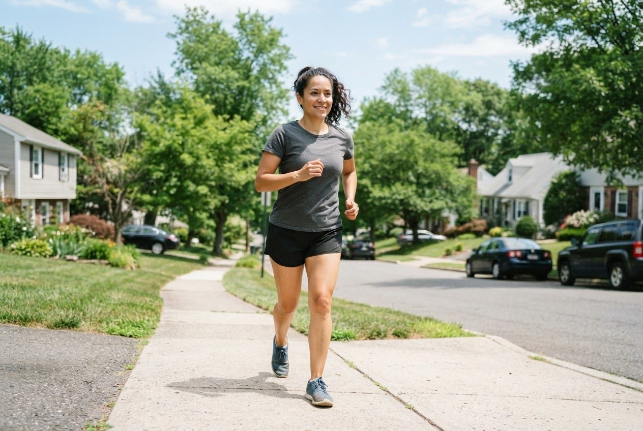 A runner doing an easy stretch against a sunlit wall after finishing, looking content