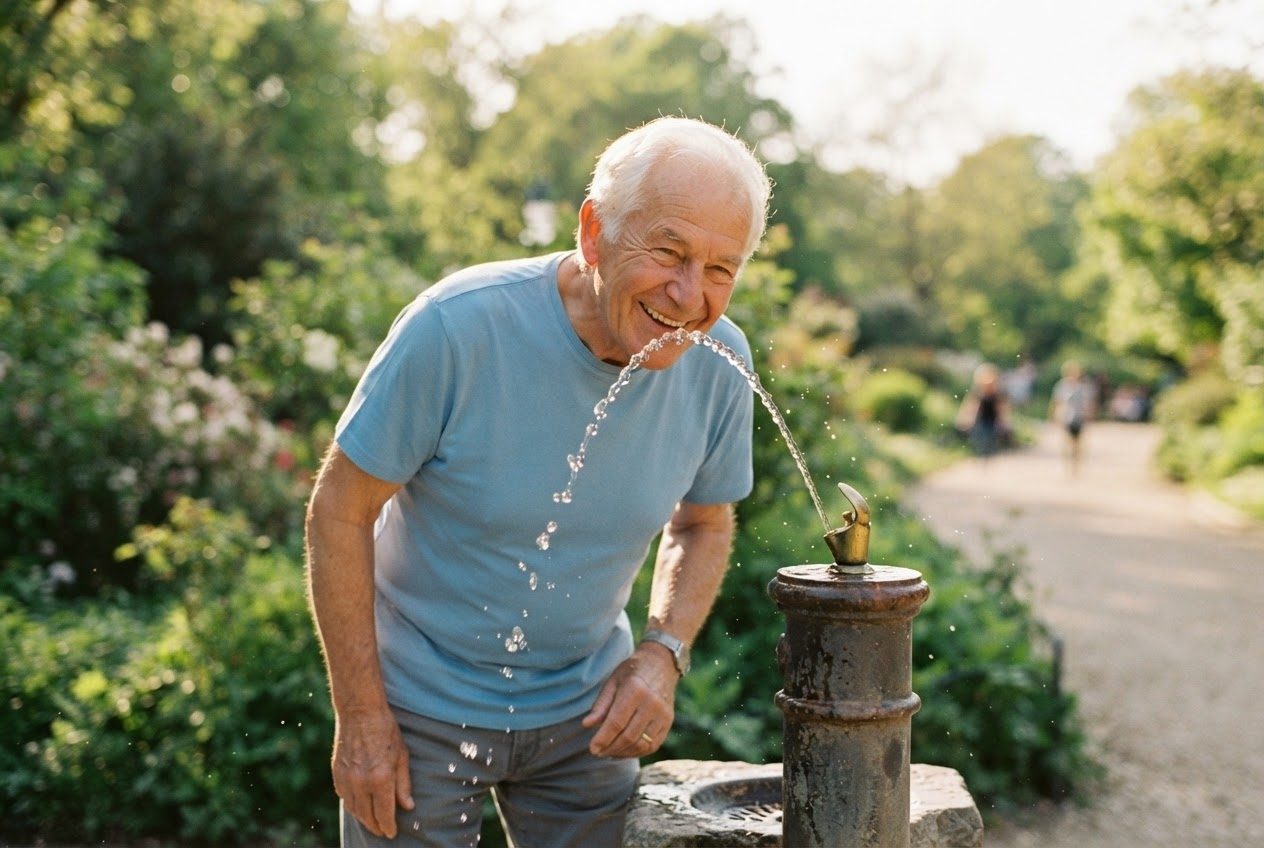 An older man drinking from a public park drinking fountain, sunlight behind him, water catching the light