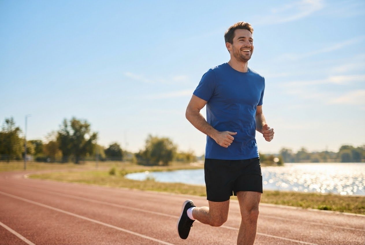 A man running at an easy chatty effort on a sunny open track, relaxed face, clear bright sky behind