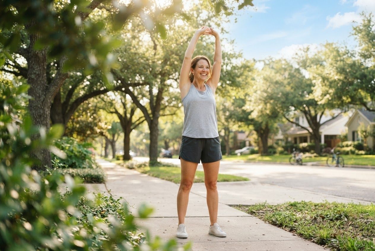 A runner stretching their arms overhead at the end of a run under a wide blue sky