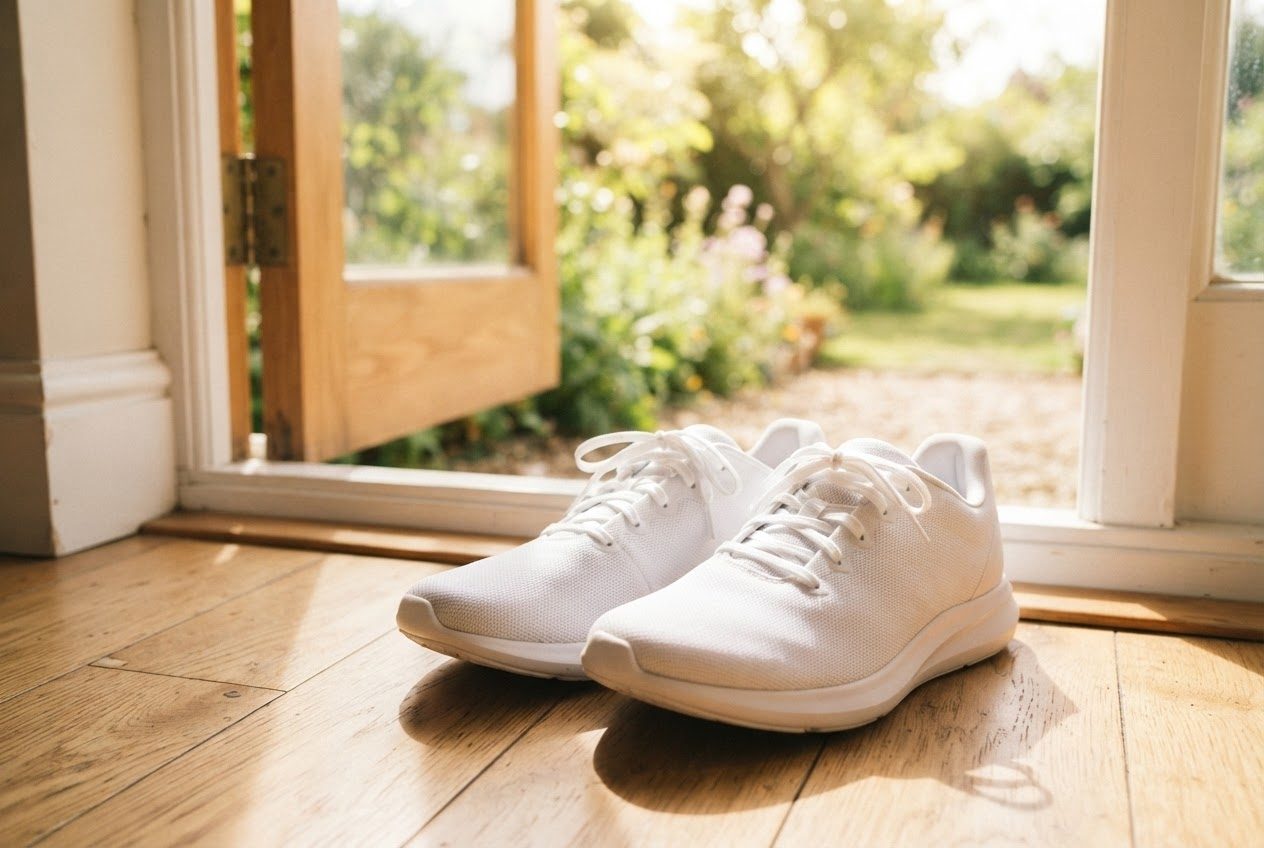 Clean running shoes waiting by a sunlit doorway, ready for the day
