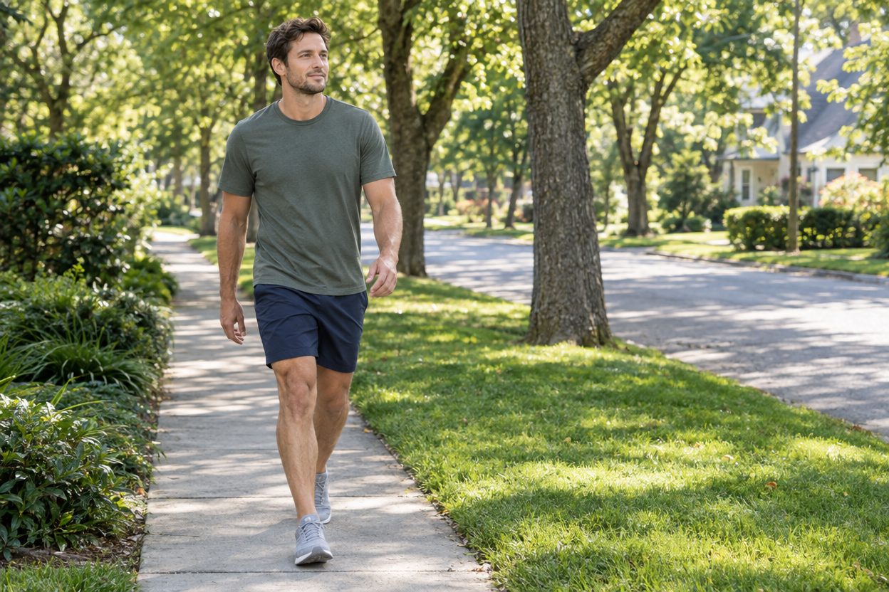A man in his thirties walking briskly along a sunny suburban sidewalk lined with trees, easy relaxed posture