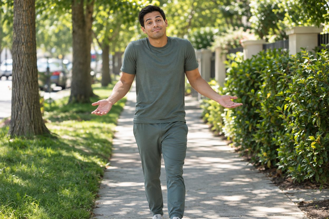 A man in his thirties walking briskly along a sunny suburban sidewalk lined with trees, then pausing to test his stride with an easy, relaxed shrug of the shoulders