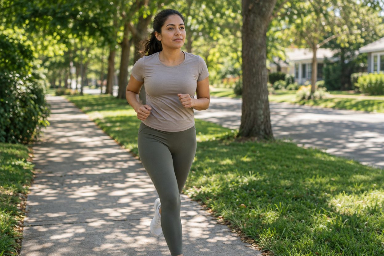 A woman in her thirties jogging at a relaxed, easy pace along a sunny suburban sidewalk shaded by trees