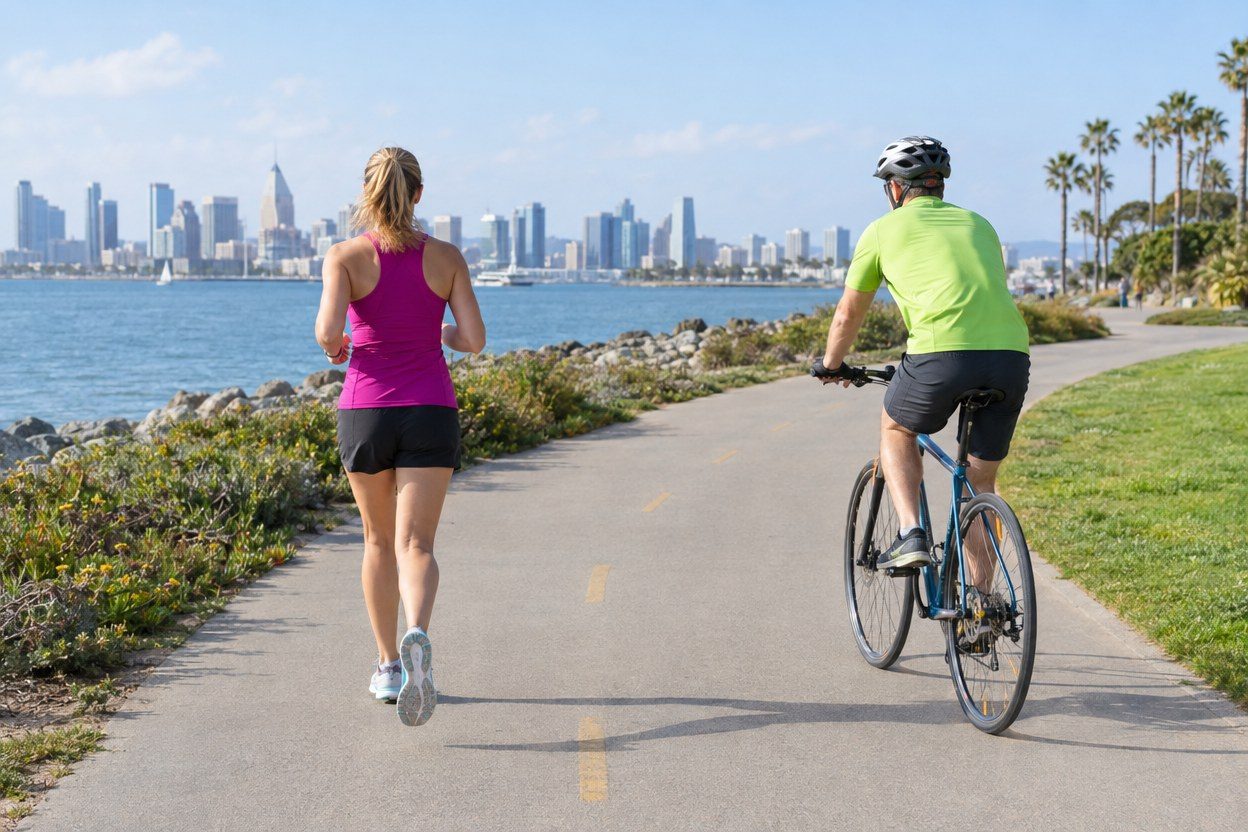 A woman in a magenta tank and black shorts runs beside a man cycling in a lime shirt and black shorts on a waterfront path