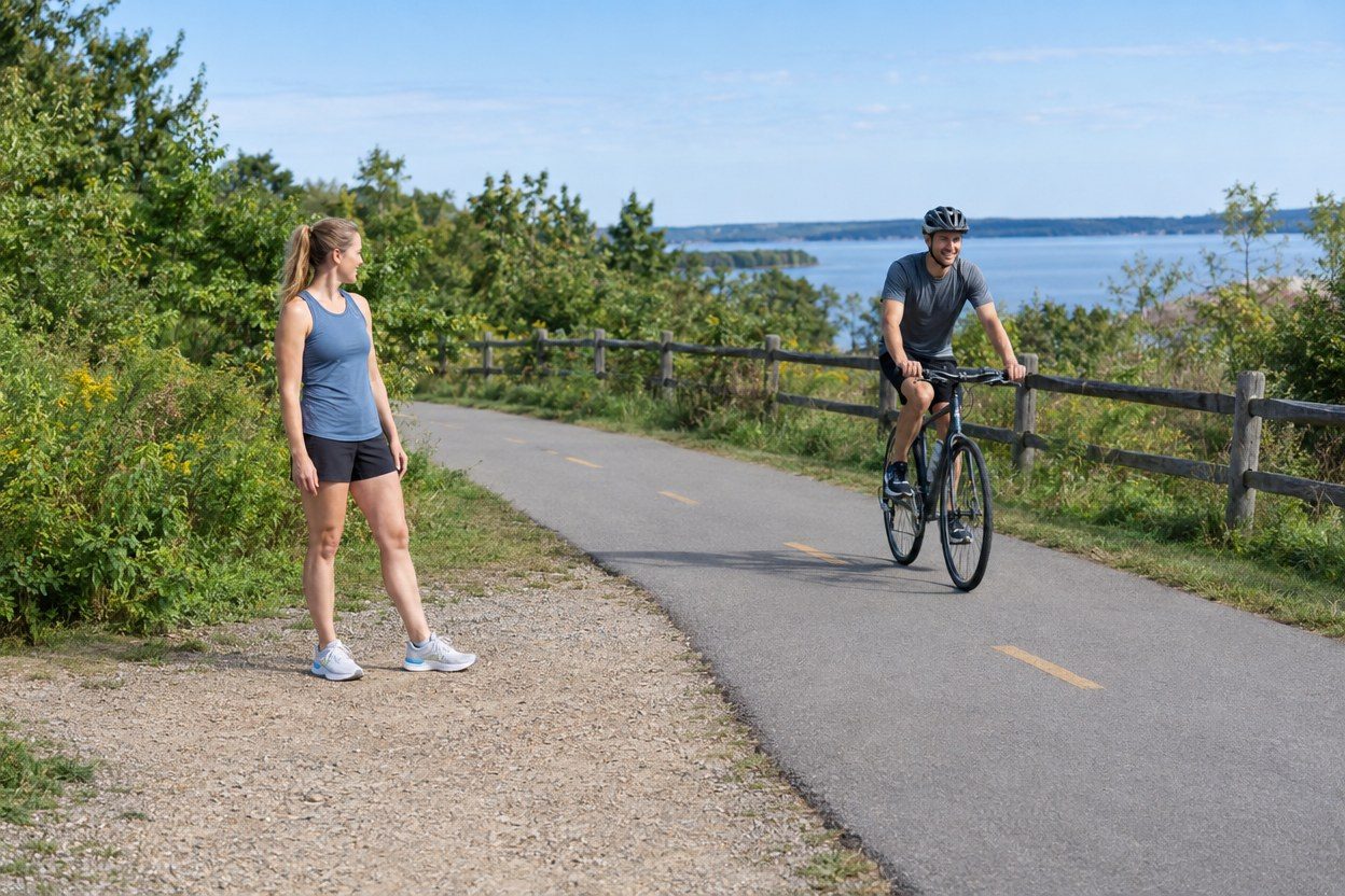 A woman in a blue tank and black shorts stands on a gravel shoulder as a man in a dark shirt cycles past beside a lake
