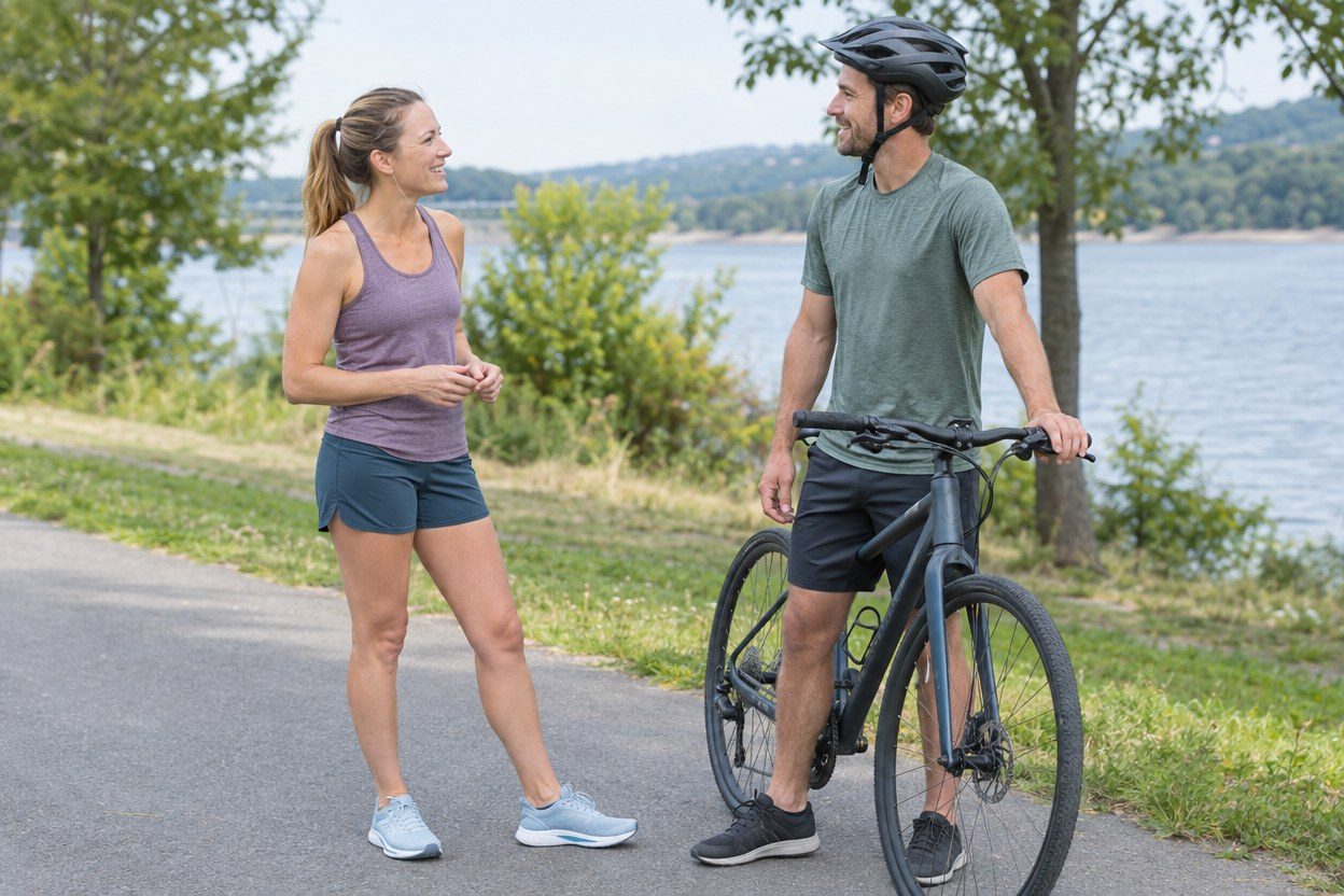A woman in a purple tank and blue shorts talks with a helmeted man in a green shirt standing astride a bicycle by a lake