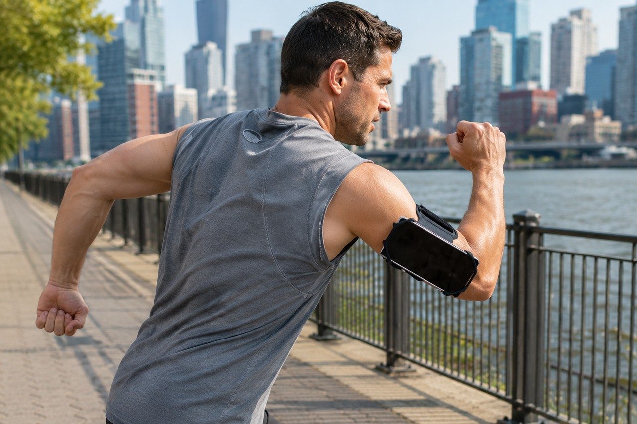 A man in a gray sleeveless top runs along a riverside path below a city skyline, with a phone in a black holder on his upper arm.