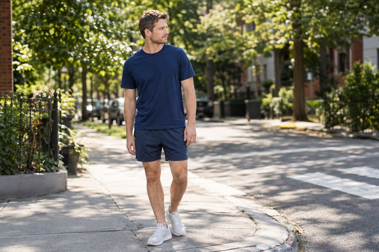 A man in a navy T-shirt and navy shorts stands at a tree-lined street corner near a crosswalk, looking along the street.