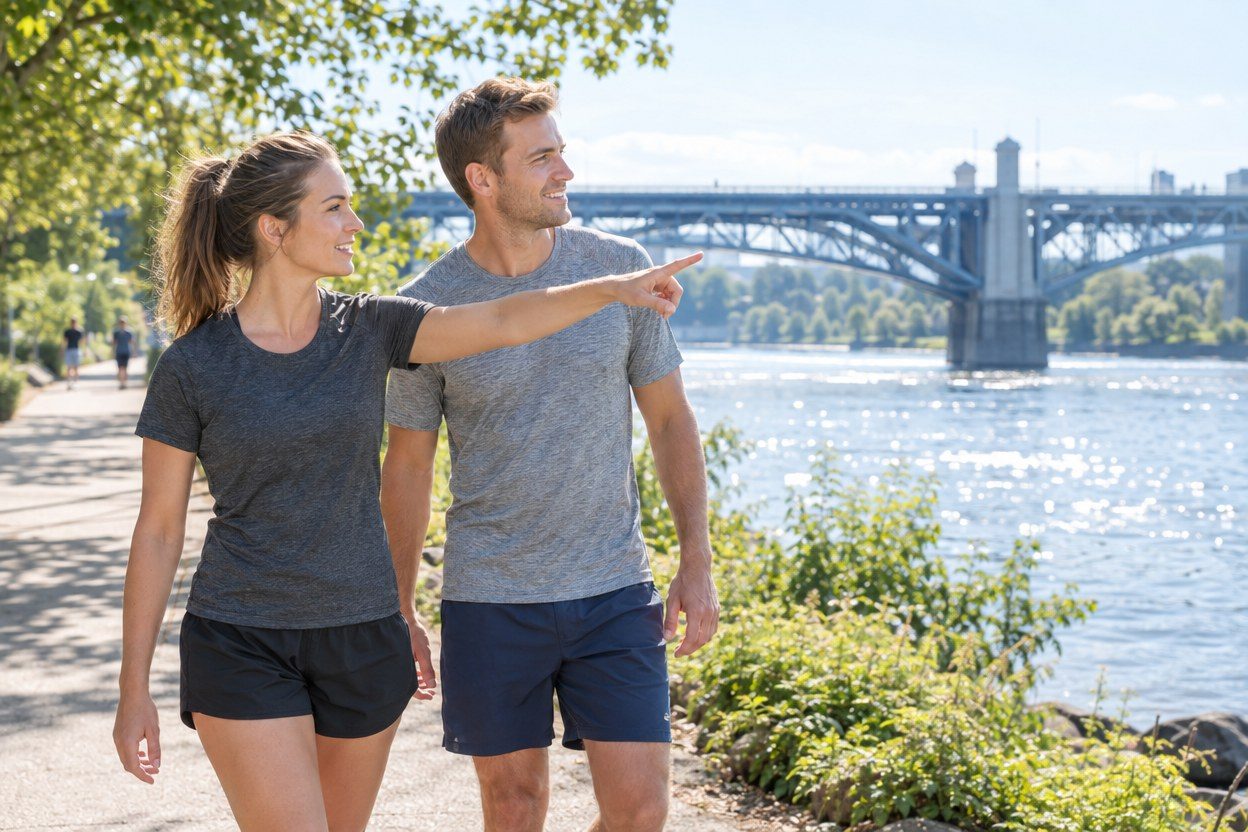 A woman in a dark gray T-shirt and a man in a gray T-shirt walk along a sunny riverside path as she points ahead.