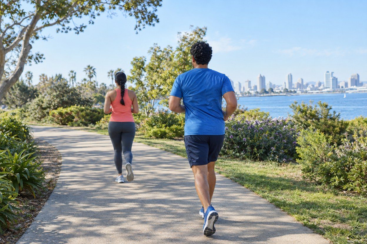 A woman in a coral tank and gray leggings jogs ahead of a man in a blue shirt and navy shorts on a waterfront park path