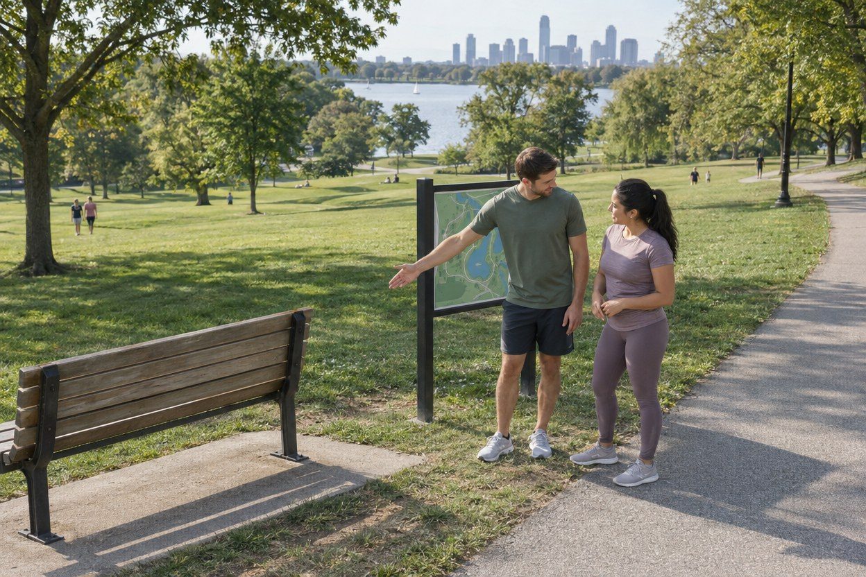 A man in an olive shirt gestures toward a bench while talking with a woman in mauve activewear beside a park map