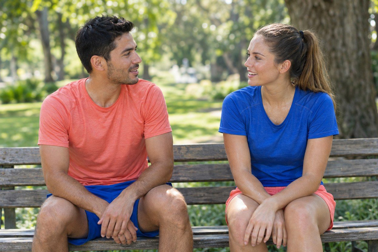 A man in a coral shirt and blue shorts and a woman in a blue shirt and coral shorts smile at each other on a park bench